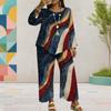 Women Plus Size Round Neck Long Sleeve Printed Top And Wide Leg Pants Two Piece Set