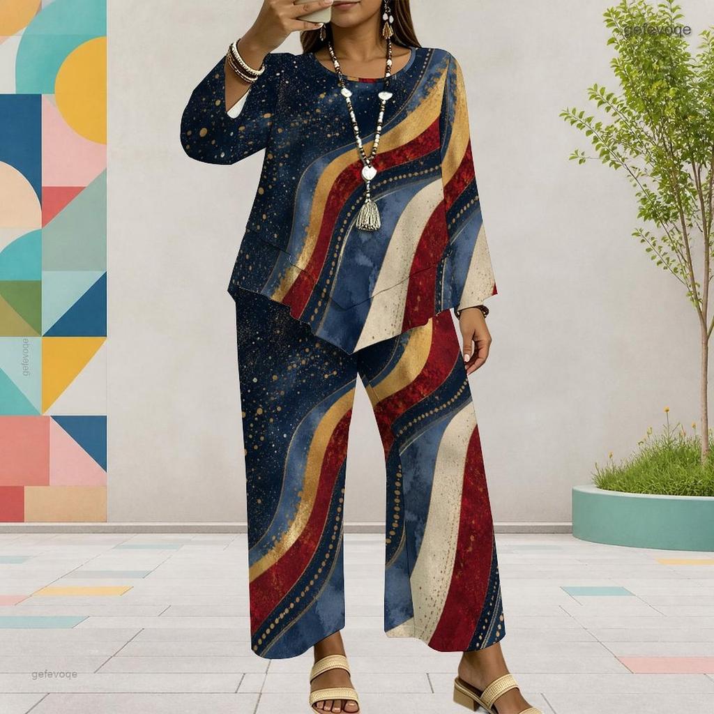 Women Plus Size Round Neck Long Sleeve Printed Top And Wide Leg Pants Two Piece Set