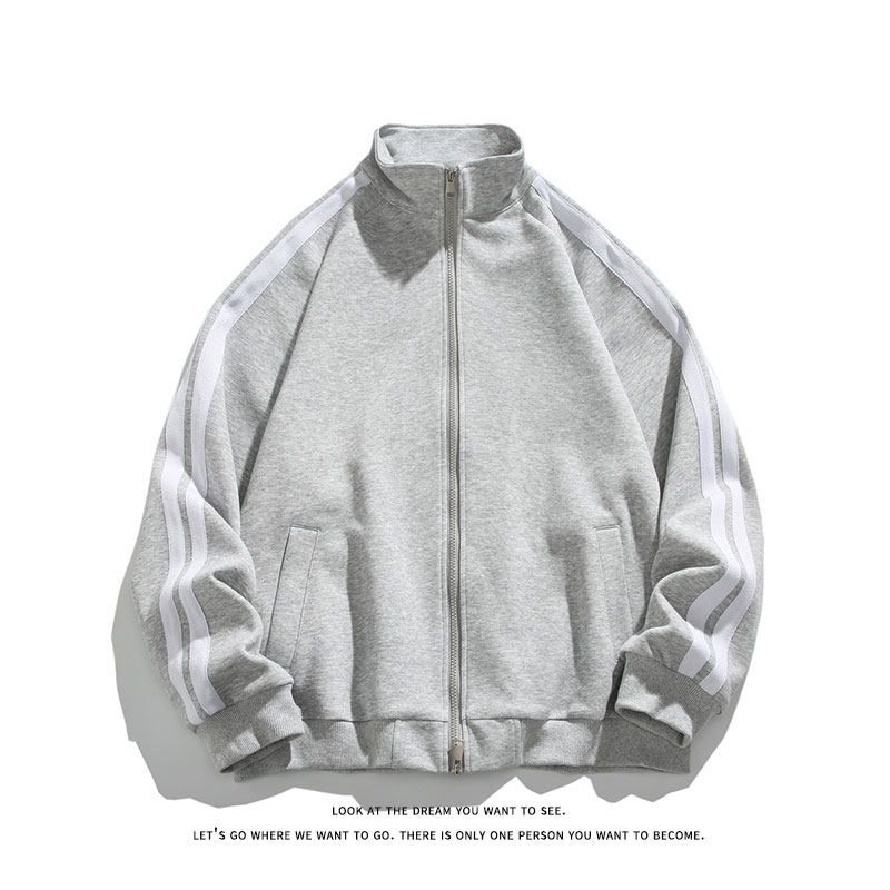 Dongjie No Logo Flus Autumn and Winter American-Style Heavy Stand-Up Collar Jacket for Men, Casual Versatile Fleece-Lined Thickened Sweatshirt W4641 Gray 2XL