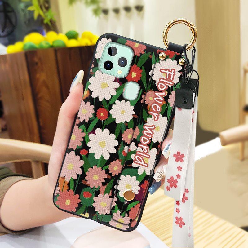 Anti-knock Flower Phone Case For Oukitel C22 Ring Back Cover Dirt-resistant Fashion Design Silicone Wrist Strap Lanyard