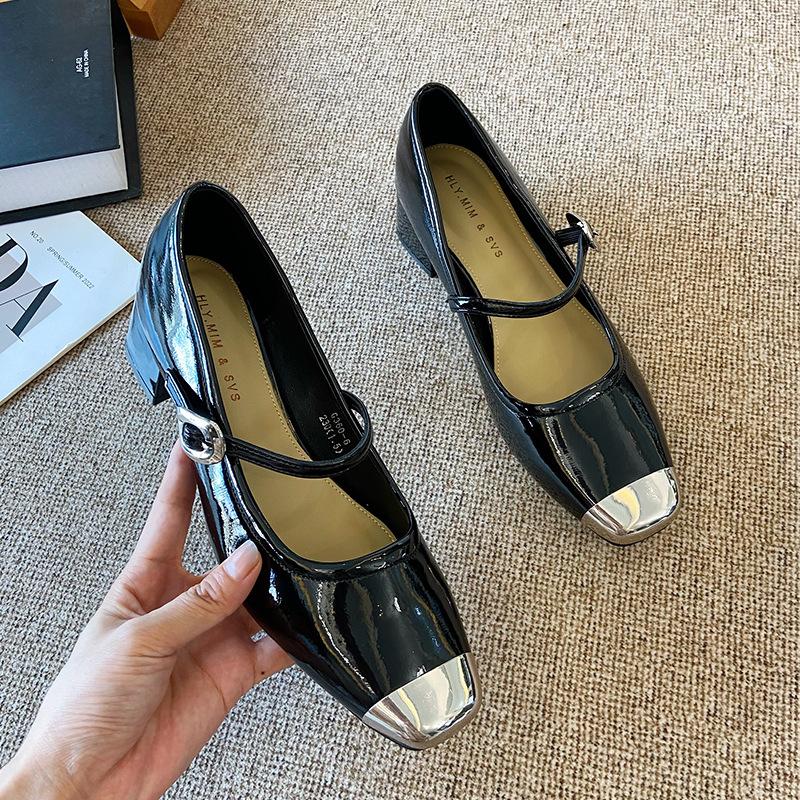 G360-6 square head shallow mouth Mary Jane shoes 2025 autumn Korean version new metal head soft leather small fragrant single shoes women