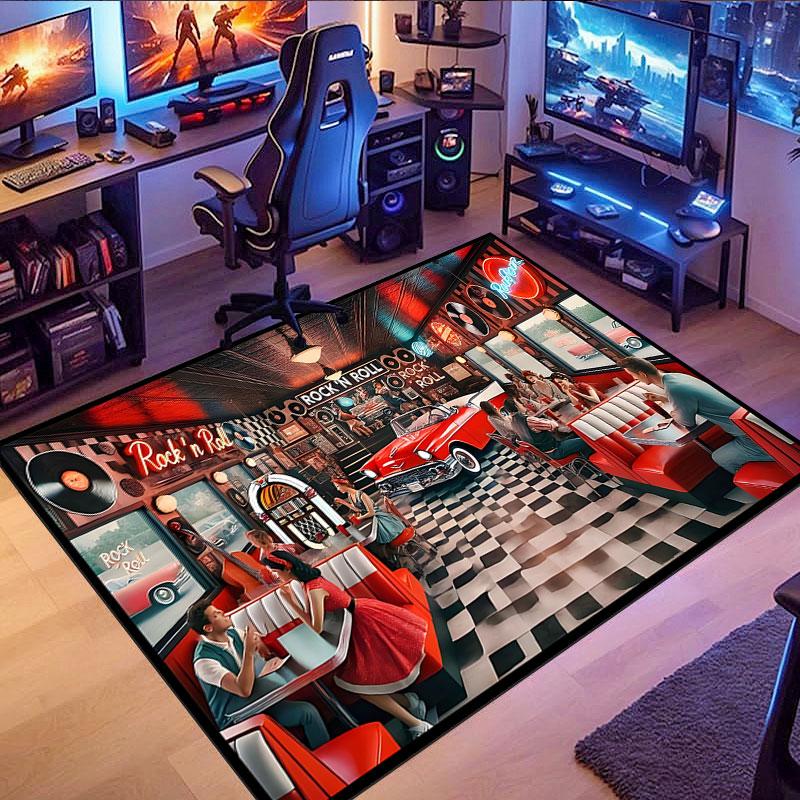Retro Car & Rock Bar Themed Rug, Non-slip Rug, Suitable for Living Room, Bedroom, Game Room, Computer Room and Home Décor.