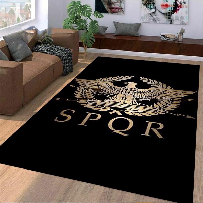 Roman SPQR Eagle Emblem Carpet with Laurel Wreath Design Black Background Suitable for Use As an Anti-slip for Living Room Bedroom Sofas