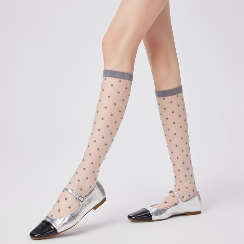 Crystal Silk Socks Women Stockings Summer Ultra-thin Transparent Knee Socks Polka Dot JK Girls Black White Long Socks Stockings