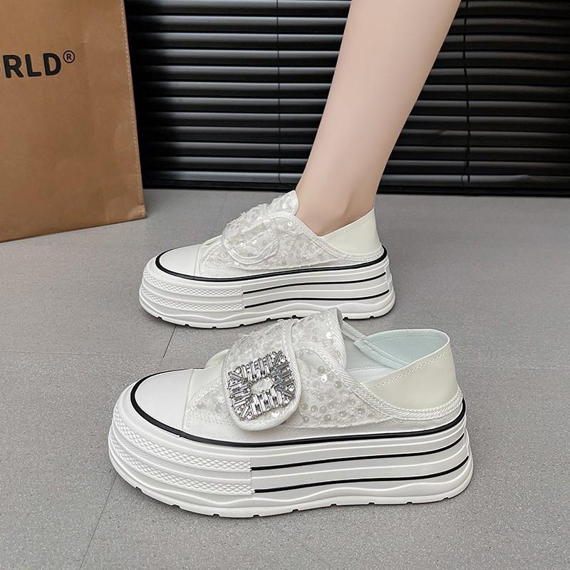 

Лето 2025 новые повседневные кроссовки на толстой подошве с липучками, студенческие универсальные, с ромбовидной пряжкой, дышащие, с сеткой и пайетками, женские туфли не парят 40 белый