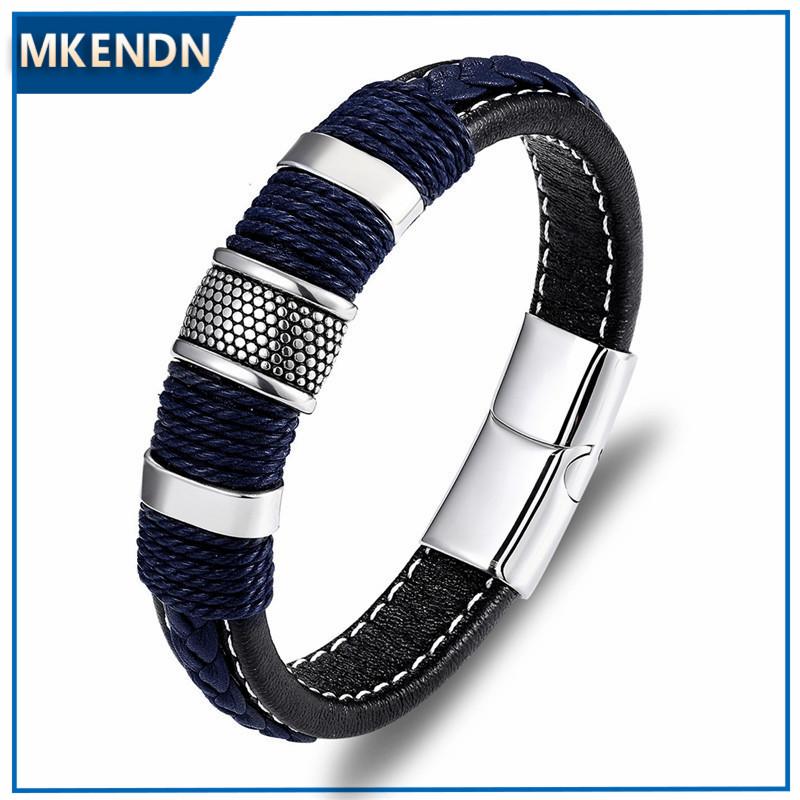 Punk Multilayer Braid Genuine Blue Leather Bracelet Titanium Stainless Steel Magnetic Buck Bracelet Men Homme Pulseras