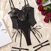 Black Lace Leather Bodysuits Womens Sexy Lingerie Set Fishnet Patchwork See Through One Pieces Teddies Lace Up Tops Erotic Suits