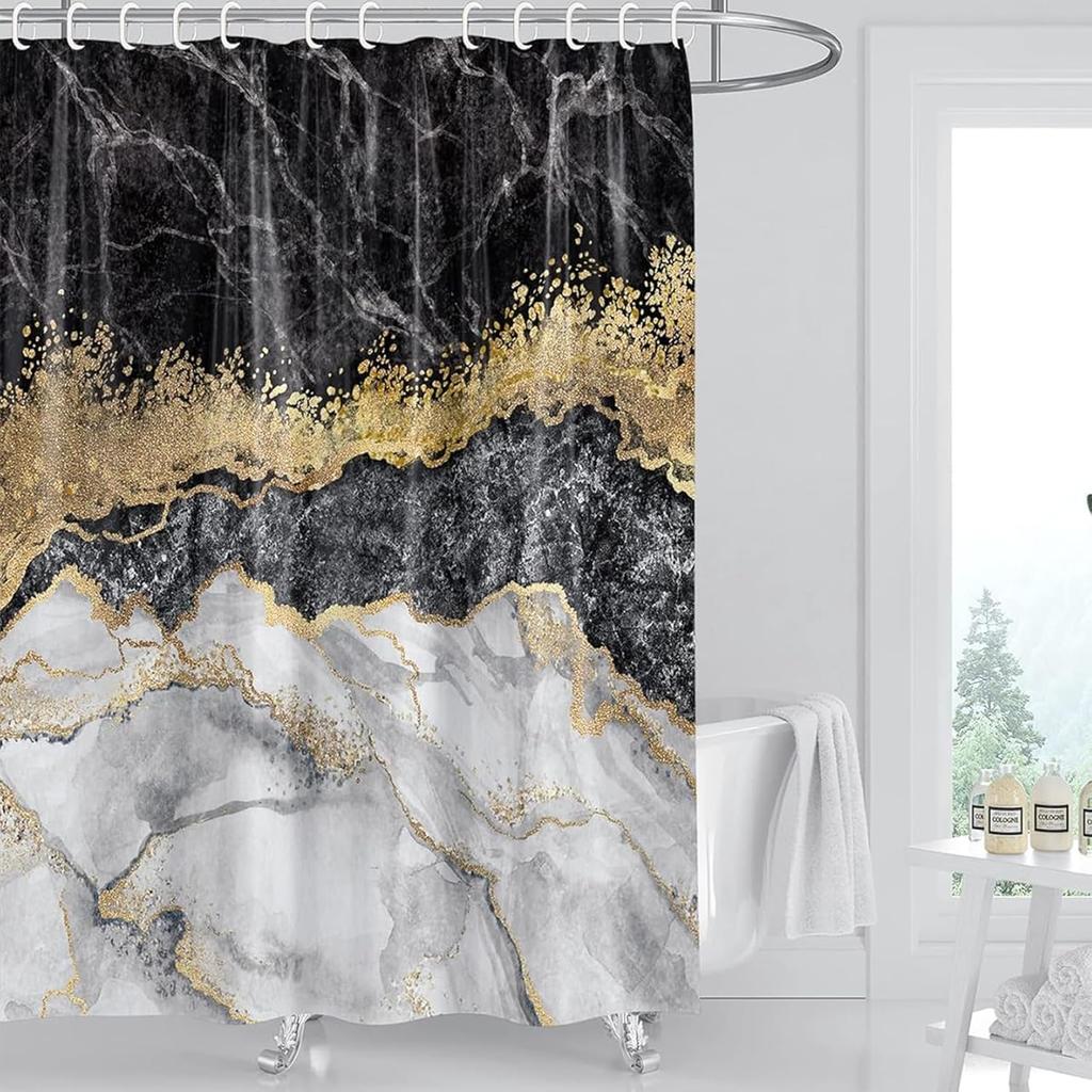 Marble Shower Curtain, Blue Marble Shower Curtain Set, Abstract Navy Blue Gold Glitter Veins Texture Marble Shower Curtains For