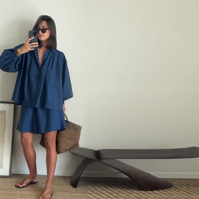 Women's Long Sleeved Shirt Shorts Set Summer New Style Casual Loose Fit Solid Color Versatile Daily Commuting Style Women's Loose Clothing Set