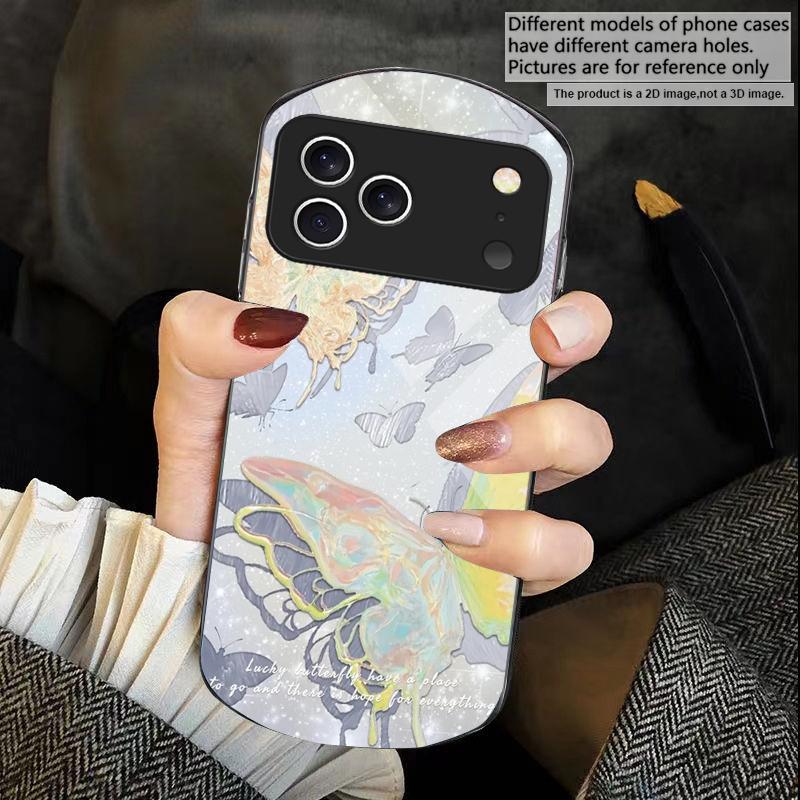 Lucky Butterfly Painting For iPhone 17 Air 16 15 14 Pro 13 Plus 12 Mini 11 Pro Max XR X 7 8 Elliptical Tempered Glass Phone Case