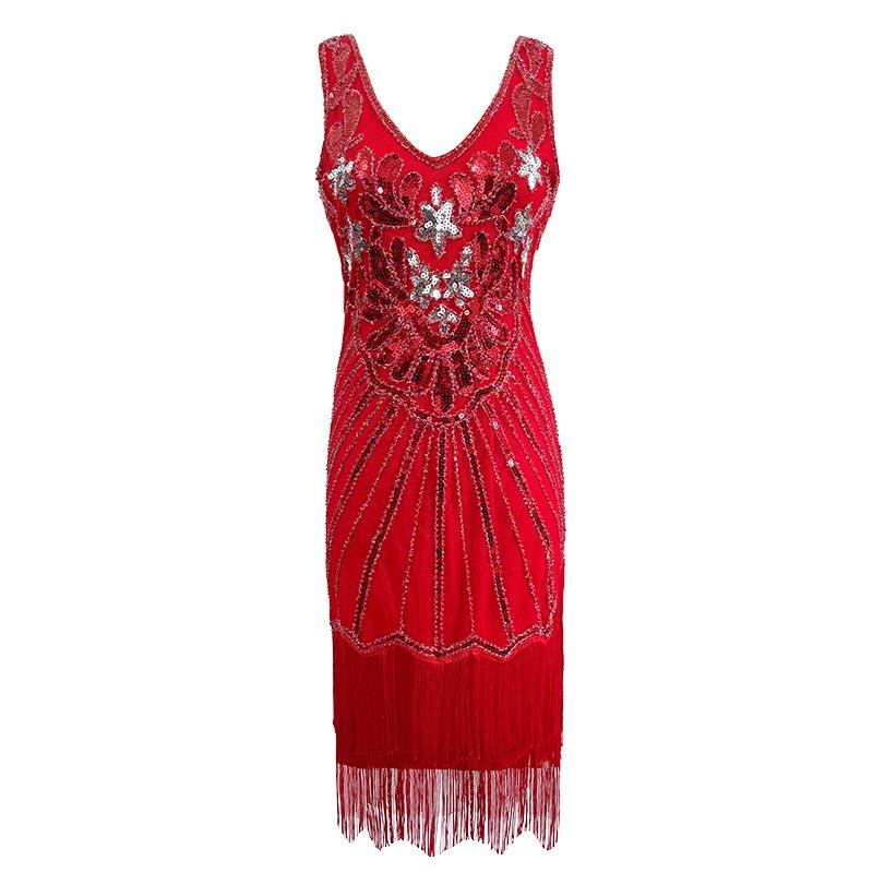 Vintage V-neck sequined fringed dress, evening dress, Gatsby dinner dress, stage performance dress.