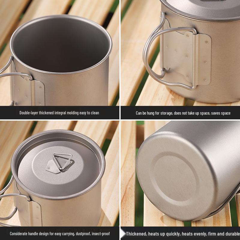 Pure Titanium Travel Mug with Lid and Folding Handle - Perfect for Coffee, Tea, or Water on Camping Trips