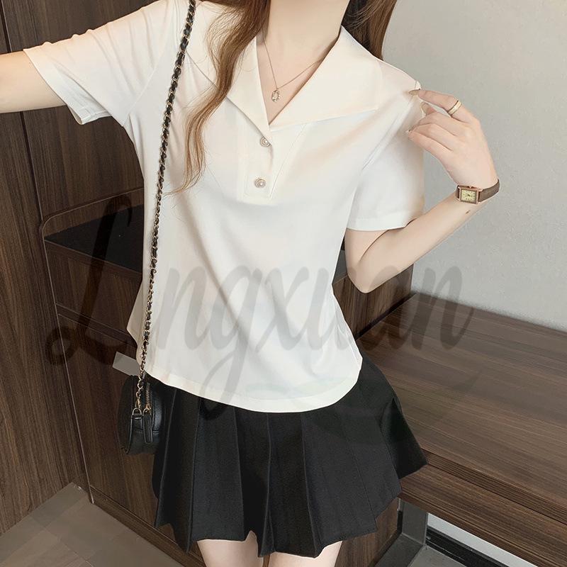 Summer 2026 Plus Size Women s Lapel Slimming Short Sleeve T-shirt 2XL