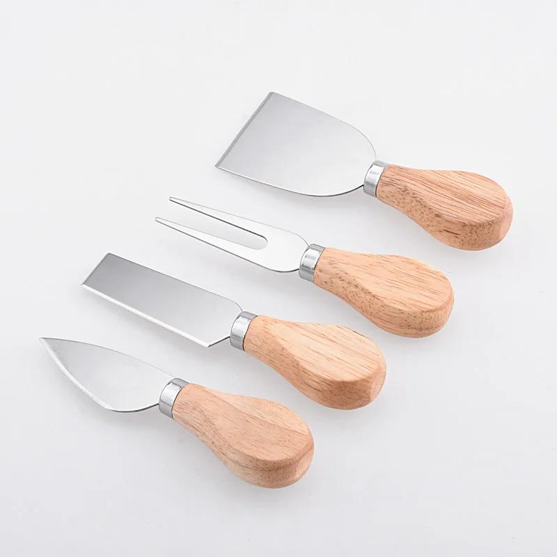 Hot Sales 4-piece Set of Wooden Handled Cheese Butter Spatula Butter Cheese Stainless Steel Knife Fork Cake Shovel Pizza Tool