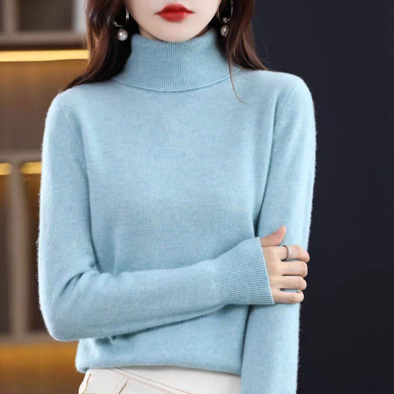Turtleneck Cashmere Sweater for Women's Spring Autumn and Winter Casual Long-sleeved Pullover Solid-color Knitted Sweater and Slim Lapel Top