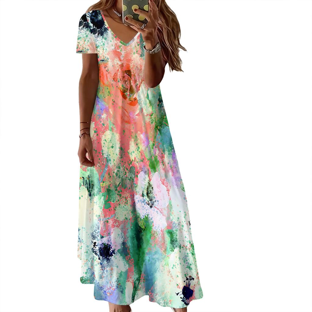 Summer Women's Short Sleeved V-neck Long Dress, 3D Fashionable Printed Pattern Dress, Casual Vacation Style.