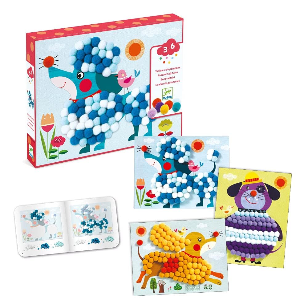 DJECO Pom Pom Puppy Making Cute Craft Drawing Educational Montessori Ages and Boys and Sports Long Autumn Nights Toy, Kit, & Toy, Style, 3, 4, 5,