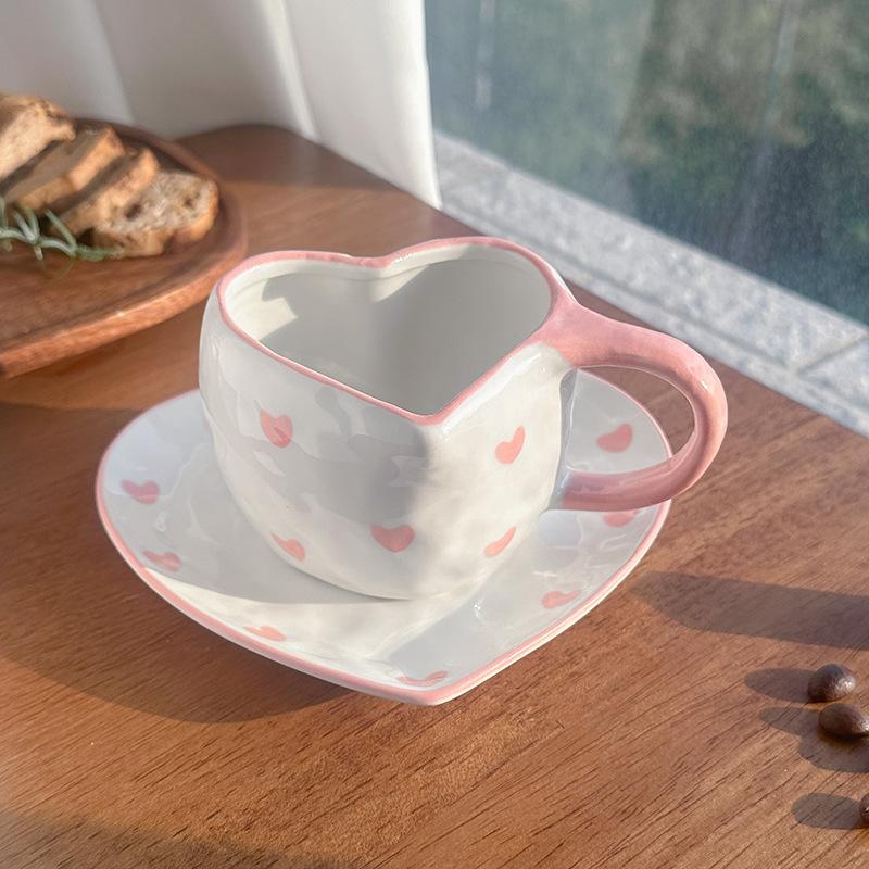 Korean Style Retro Love Ceramic Cups and Saucers, Hand-squeezed Irregular Heart-shaped Coffee Cups and Saucers, Afternoon Tea Cups and Saucers