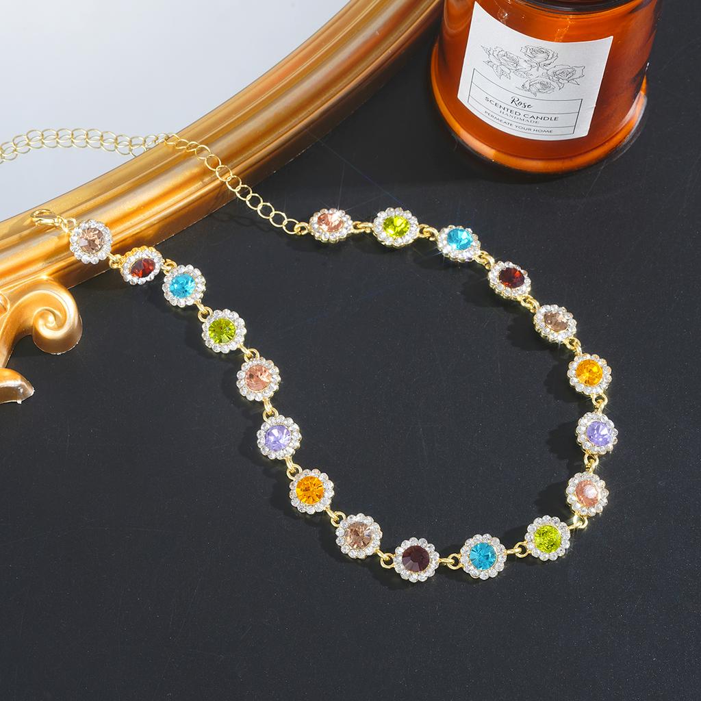 2PCS Colorful Zircon Necklaces Bracelets Sets Fashion Exquisite Flower Stainless Steel Jewelry For Women Daily Party Accessories