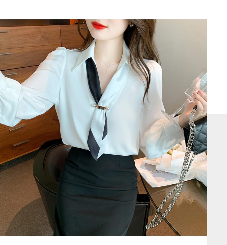 Fairy Stone Long Sleeve Chiffon Blouse with Ribbon and Solid Casual and Size Women's V-Neck, Color, Formal, B-53 (L, White)