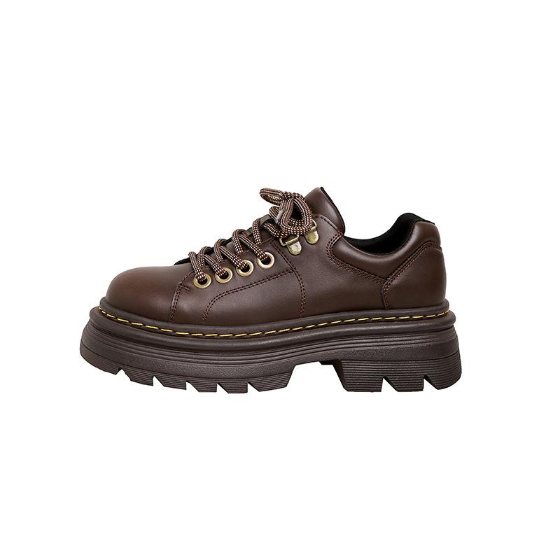 Höhenvergrößernde Schnür-Britisches Stil Kleine Lederschuhe Damen Samt Einzelne Schuhe Braun College-Stil Plateau Damenschuhe
