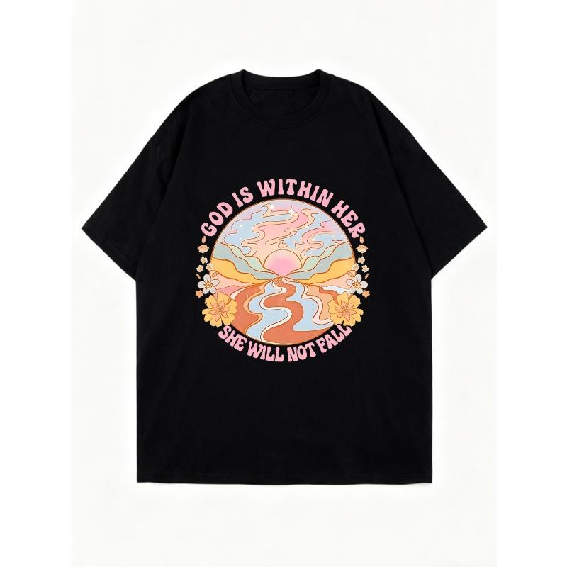 Oversized T-Shirt Black God Is Within Her She Will Not Fall Psychedelic Art Print Graphic Tee Women Casual Streetwear Fashion Top