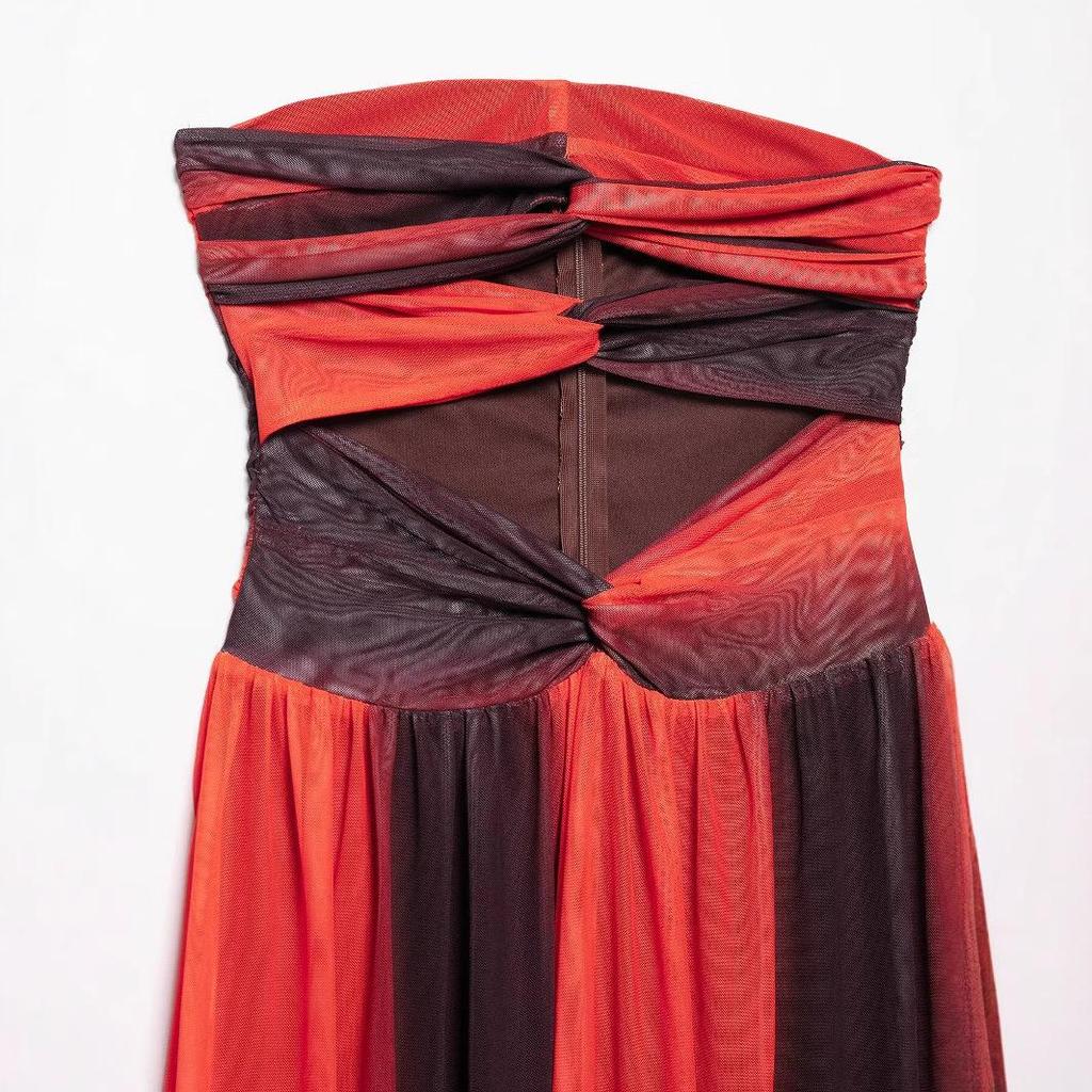 2025 Spring Women's European & American Fashion Slimming Strapless Print Mesh Dress for Vacations