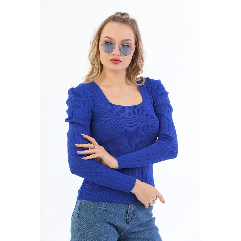 Women's Red Sleeve Pleated Gathered Princess Sleeve Square Collar Blouse Sweater