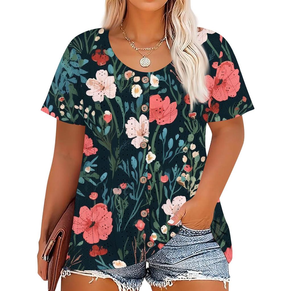 Plus Size Women's Fashion Casual Vintage Printed O-Neck Short Sleeve Button T-Shirt Top