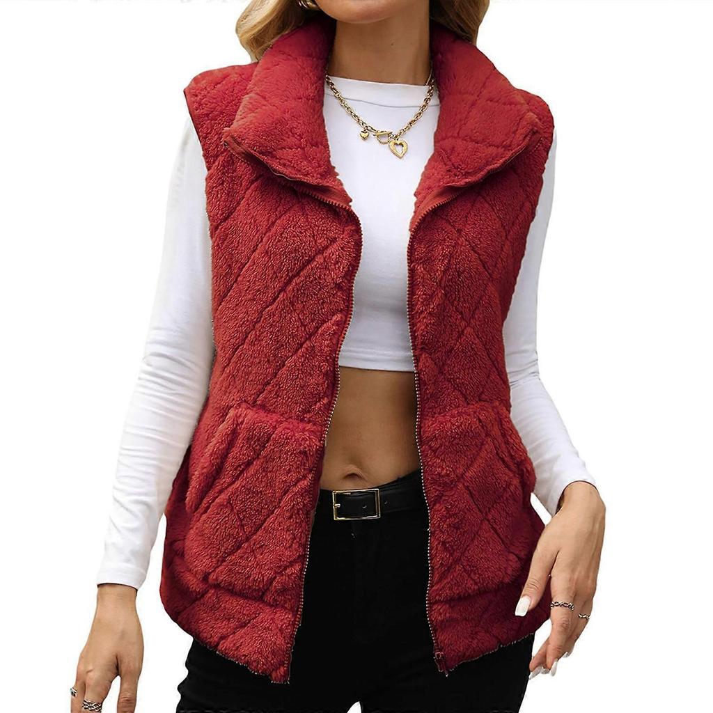 Women's Winter Fleece Vest Soft Zipper Vest Fashion Lightweight Vest Outdoor Vest with Pockets Red XL