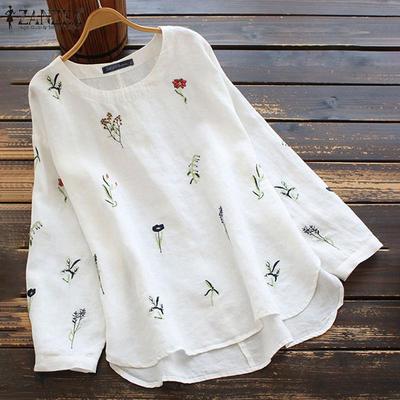 Women O-neck Long Sleeve T-shirt Loose Casual Embroidery Print Cotton Tops