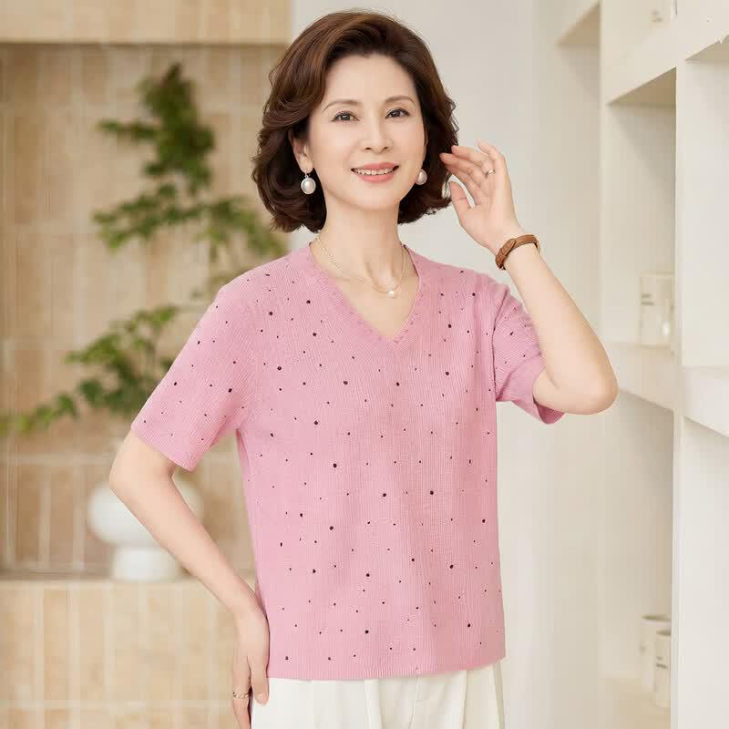 Mother s Day V-Neck Rhinestone Embellished Short-Sleeve Knit Top L