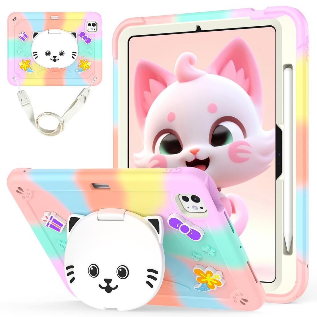 For iPad Pro 11 (2025)/11 (2024) Case PC + Silicone Colorful Tablet Cover with Cat Kickstand/Shoulder Strap