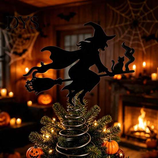 Witch Tree Decoration Halloween Topper, with LED Lights, Black Iron Indoor Decorations Art Silhouette Ornament, for Christmas And Holiday Party