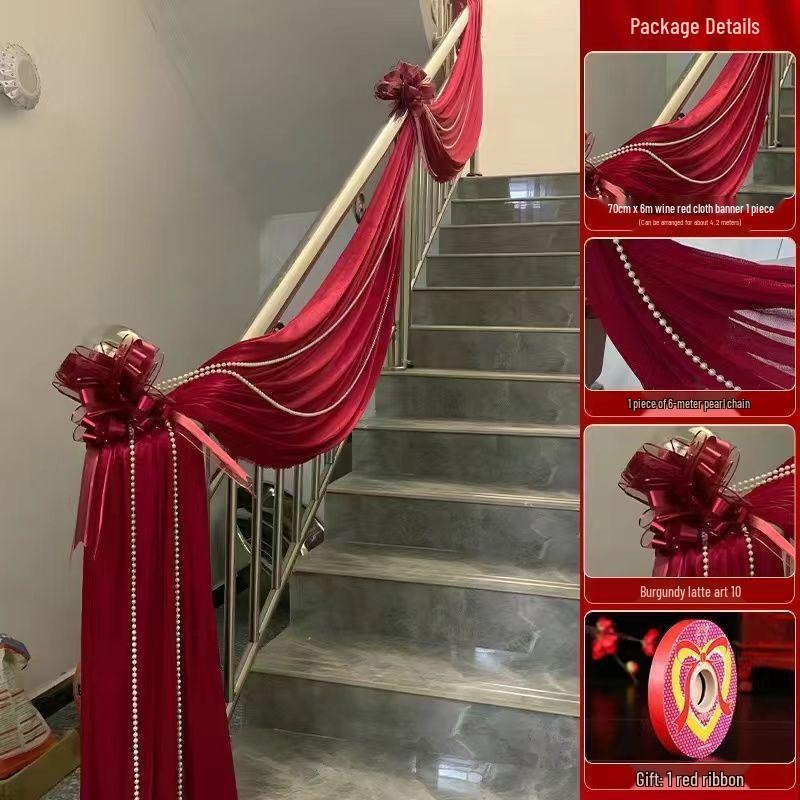 Elegant Stair Handrail Decorations: Gauze Curtains, Red Banners, Lanterns, and Flowers for Wedding Halls