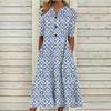 Floral Print V-Neck Mid-Sleeve Casual Dress with Pockets, Button Front, Loose Fit - White/Light Blue/Pink