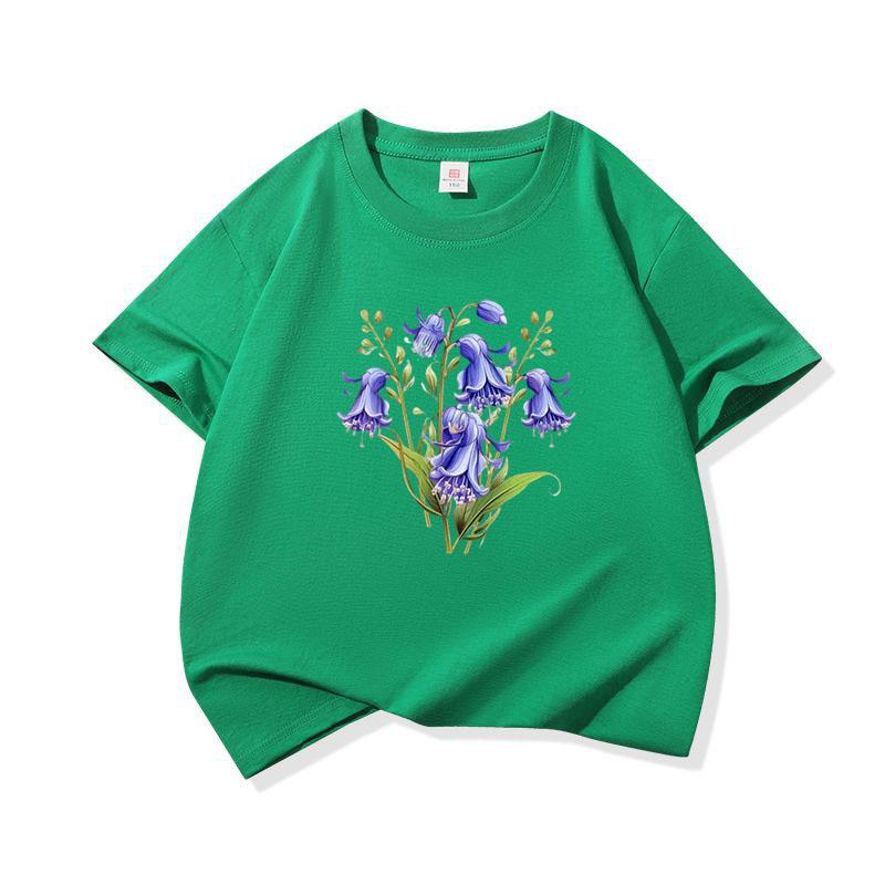 Kids Cotton T Shirt Bluebell Floral Print Crew Neck Short Sleeve Tee Casual Breathable Boys Girls Summer Tops 100