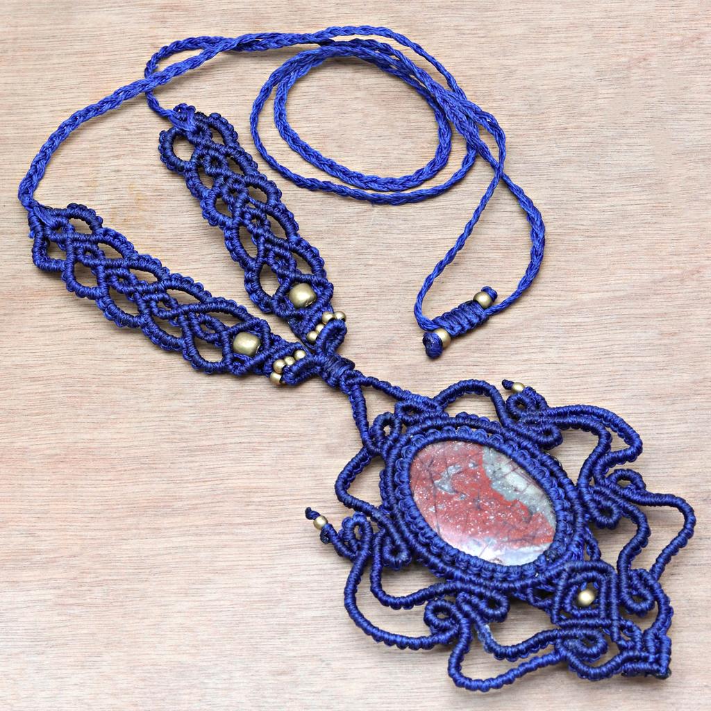 Macrame Red Necklace Jasper Crystal Pendant Handmade Natural Thread Bohemian