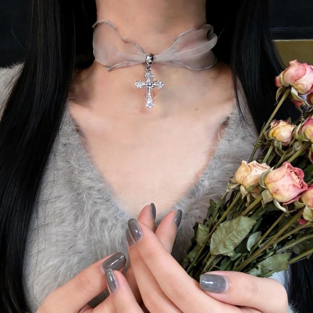 Women's Gray Velvet Choker Necklace with Cross Pendant