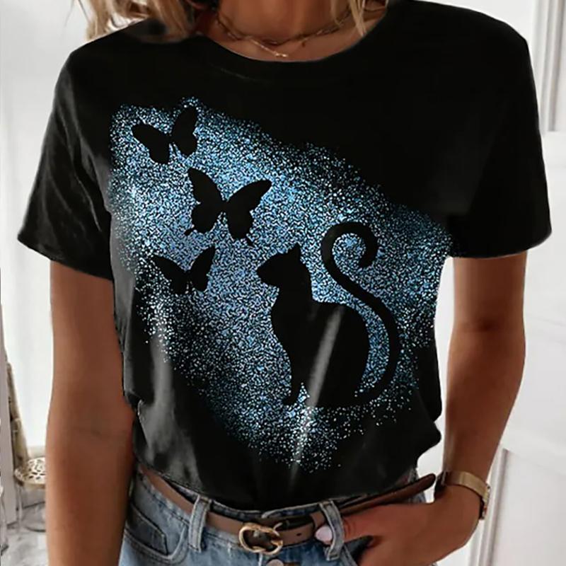 Tricou de Vară pentru Femei Trend Imprimeu Pisoi Modă Retro Mânecă Scurtă Tricouri Casual Topuri Imprimate