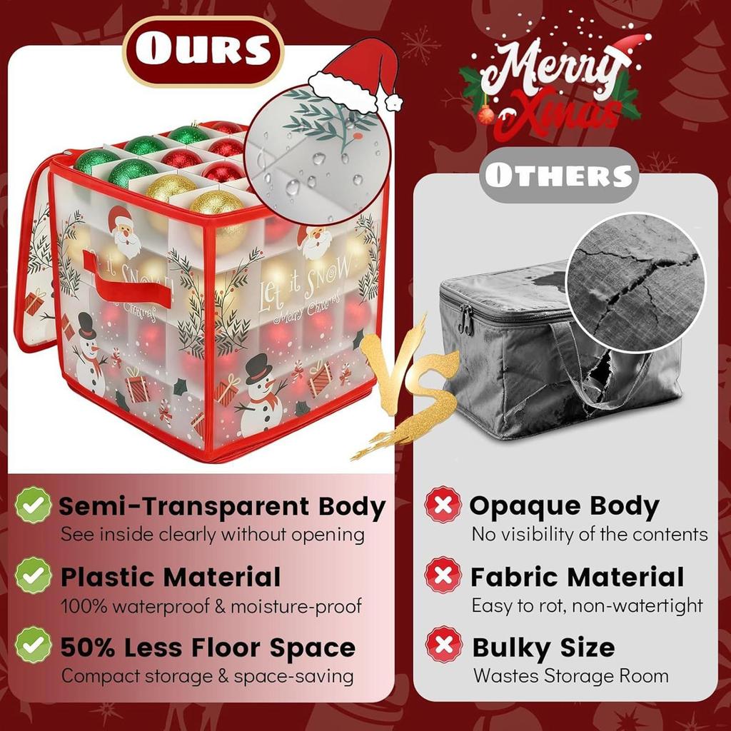 Christmas Ornament Storage Box with Dividers 64 Ball Capacity Zippered Container for Holiday Decor Home Garage Closet Organizer