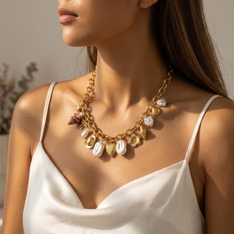 Accessories New European and American Stainless Steel Bow Love Turtle Conch Pendant Necklace Pearl Clavicle Chain