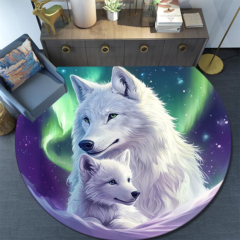Weißer Wolf Runder Teppich, Teppich für Wohnzimmer Schlafzimmer Sofa Spielzimmer Dekor, Rutschfeste Bodenmatte