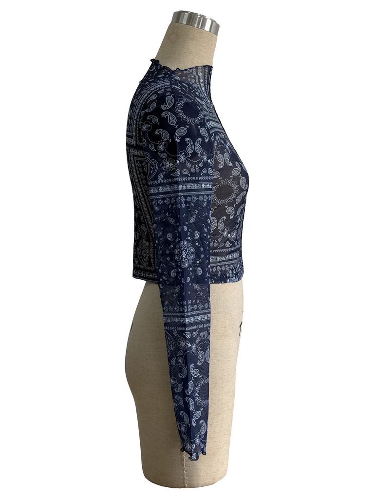 Spring Women's Mesh Print Stand Collar Long Sleeve Mini T Shirt Top Women Fashion Daily Basic Office Lady Casual Slim Fit Ladies Elegant Top