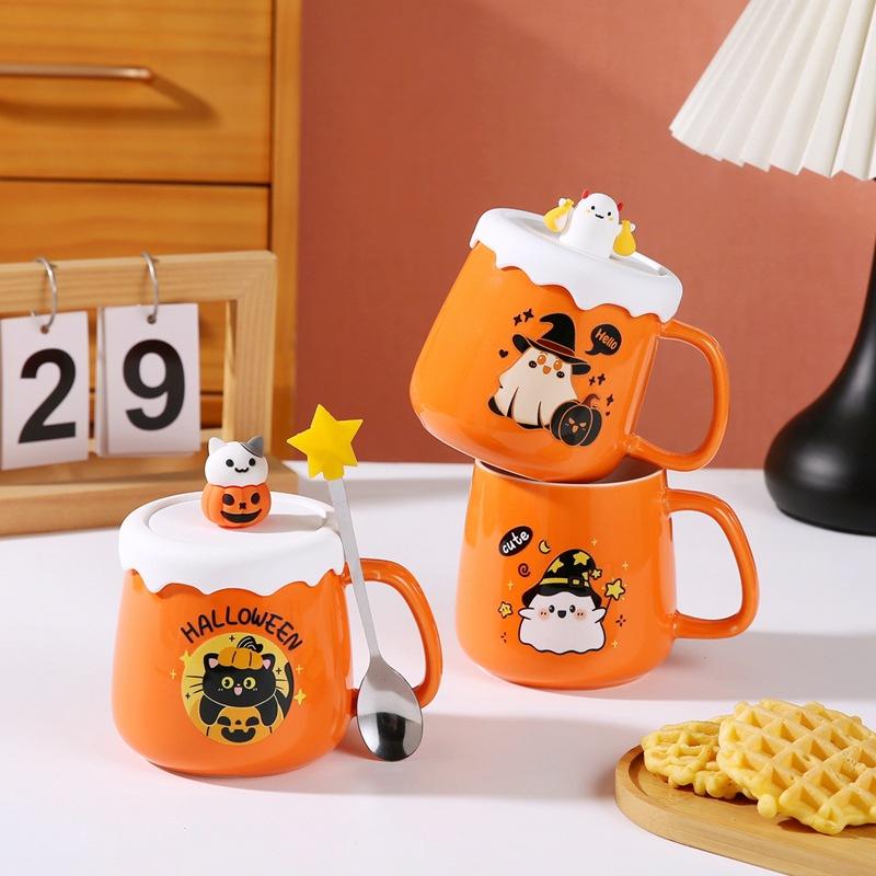New 400ML Tea Mug Set with Lid Spoon for Water Juice Cute Cat Ghost Orange Halloween Ceramic Coffee Cup