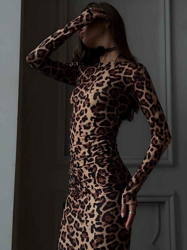 2026 Women's Sexy Leopard Print High Waist Slim Fit Dress with Long Sleeves & Round Neck