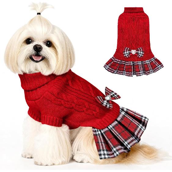 WOYYHO Small Dog Sweater Dress with Bowtie Dogs Clothes Sweater Pleated Skirt with Leash Hole Puppy Winter Outfit Dog Pullover Knitwear Puppy