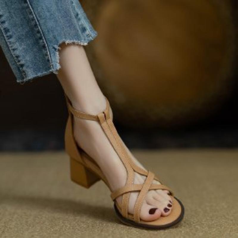 

Новый стиль босоножек на среднем каблуке с перекрещенными ремешками, женская обувь из мягкой кожи на устойчивом каблуке 36