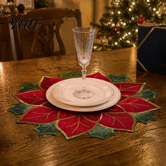 Christmas Table Placemats for Dining Floral Leaf Placemat Table, Decorative Polyester Fabric Round Mats Home with Festive Leaves Design Party
