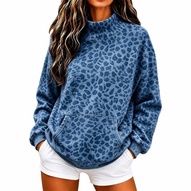 Women S Vintage Leopard Print High Neck Long Sleeve Loose Casual Hoodie